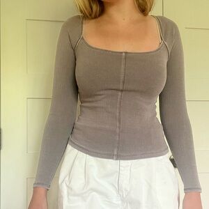 Free People Gray Fitted Long Sleeve Bodysuit